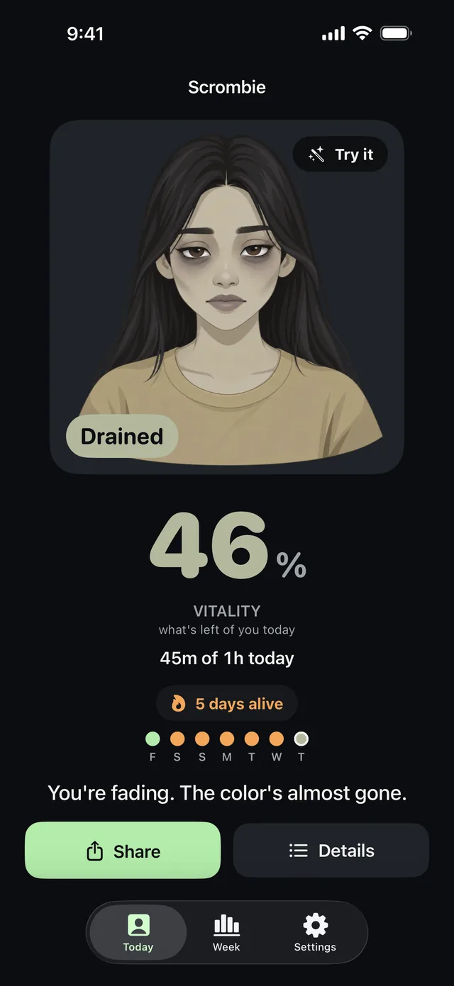 Scrombie's Today screen at Drained: the face gone pale and tired, 46% vitality after 45 minutes