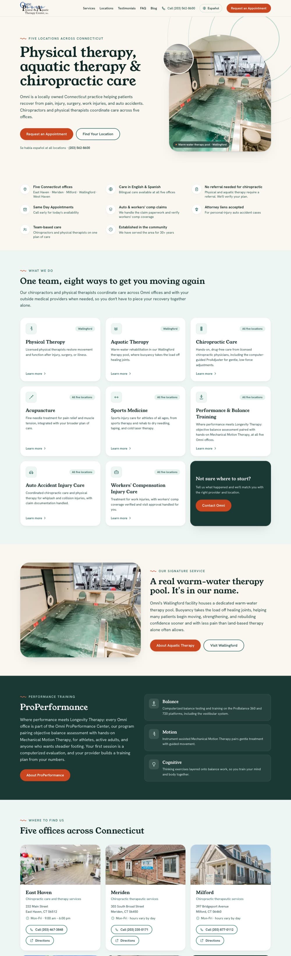 Full homepage of omnicanhelp.com: headline reading Physical therapy, aquatic therapy and chiropractic care, followed by service cards, a warm-water therapy pool section, and five Connecticut office locations